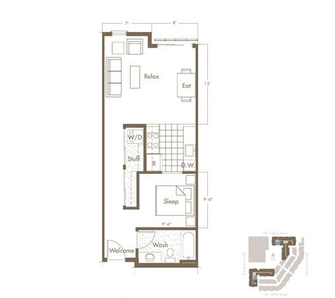 Floor plan for 1 bed, 1 bath, 605 sqft